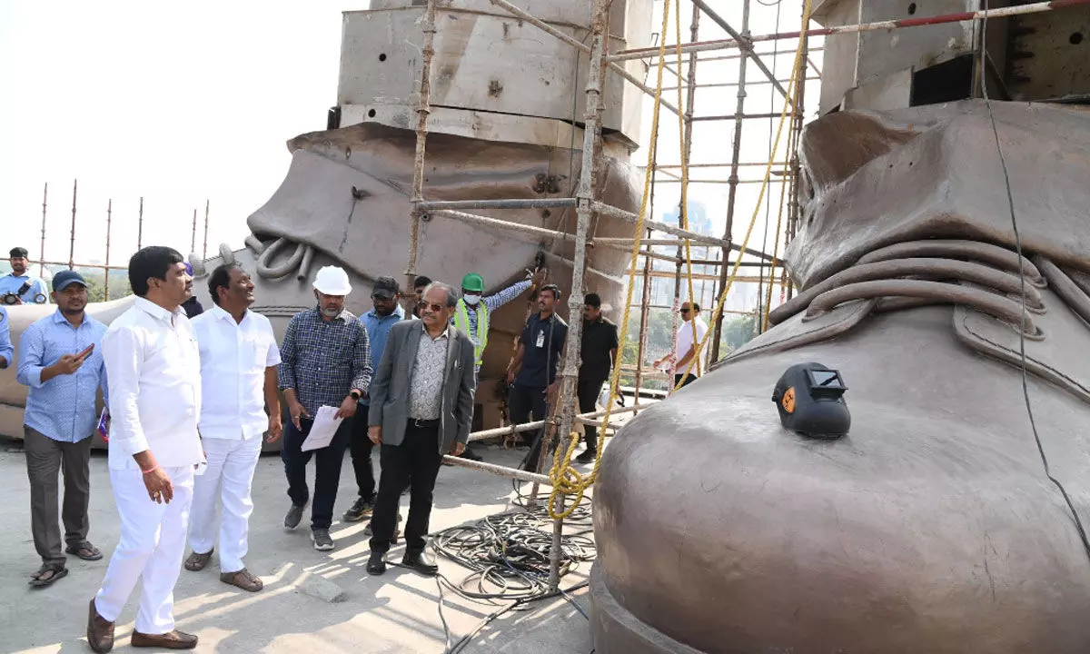 Minister Koppula Eshwar inspects work on Ambedkar statue