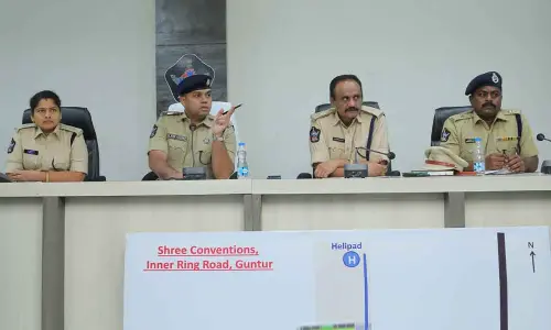 Guntur district SP K Arif Hafeez addressing a review meeting at the DPO in Guntur city on Monday