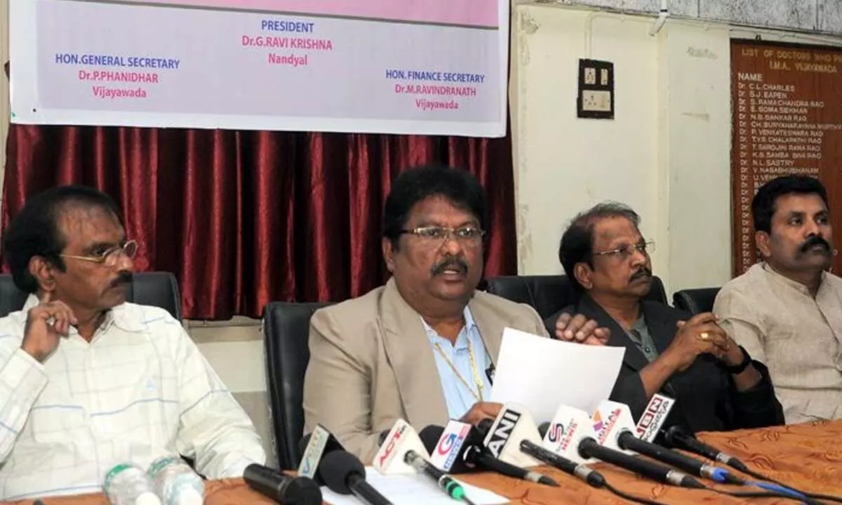 IMA’ newly-elected State president Dr G Ravi Krishna speaking with the media at the IMA hall in Vijayawada on Tuesday