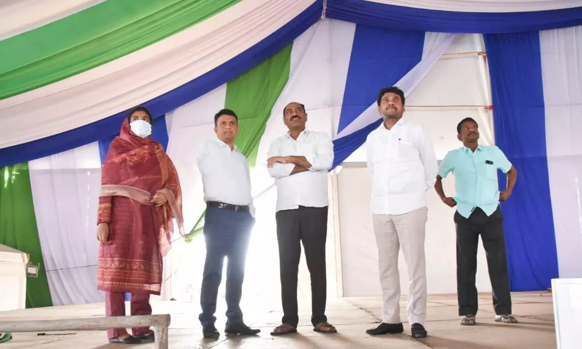 Chief Minister’s programmes coordinator and MLC Talasila Raghuram inspecting public meeting venue at Tippu Sultan grounds along with collector PS Girisha, joint collector Thamim Ansaria  in Madanapalle town on Tuesday