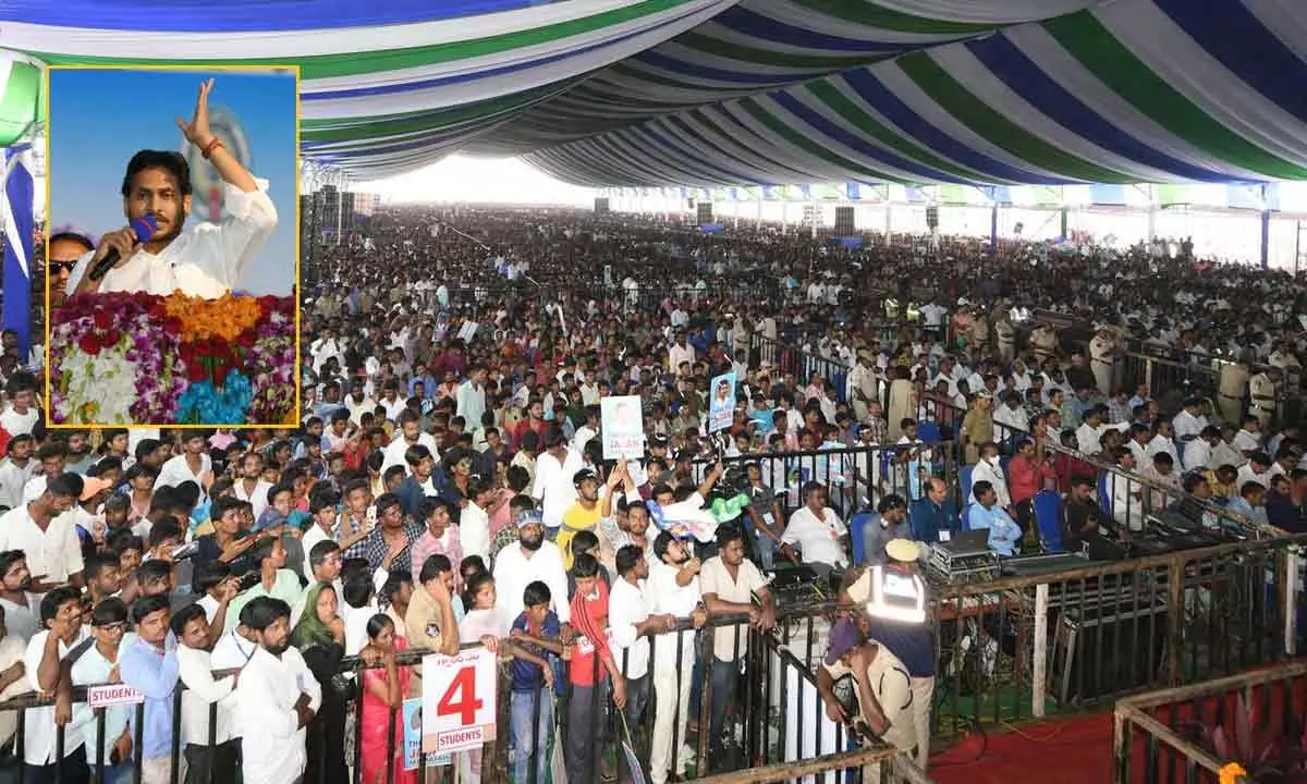 Chief Minister Jagan Mohan Reddy addressing a public meeting after releasing fee reiembursements to students under Jagananna Vidya Deevena Scheme at Madanapalle in Annamayya district on Wednesday