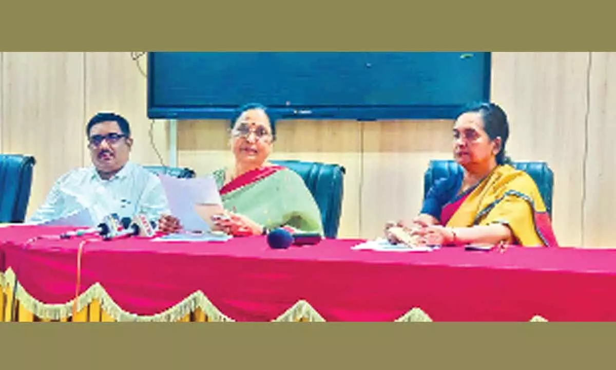 SPMVV V-C Prof D Jamuna addressing the media in Tirupati on Thursday. Dean Prof R Nagaraju and in-charge head of Psychology department Prof N Rajani are also seen.