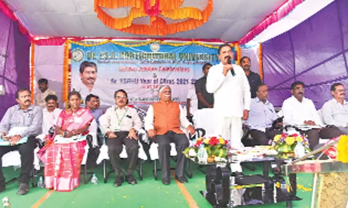 Minister for agriculture Kakani Govardhan Reddy speaking at the golden jubilee celebrations of Citrus Research Station in Tirupati on Thursday. Horticulture university V-C Prof T Janakiram and others are seen.