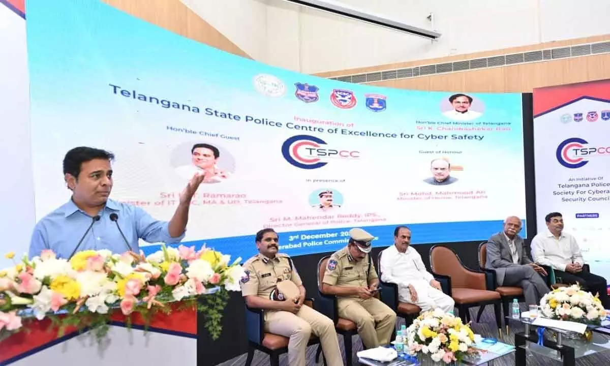 IT Minister  K T Rama Rao addressing after inaugurating Telangana State Police Centre of Excellence for Cyber Safety at Cyberabad Police Commissionerate on Saturday