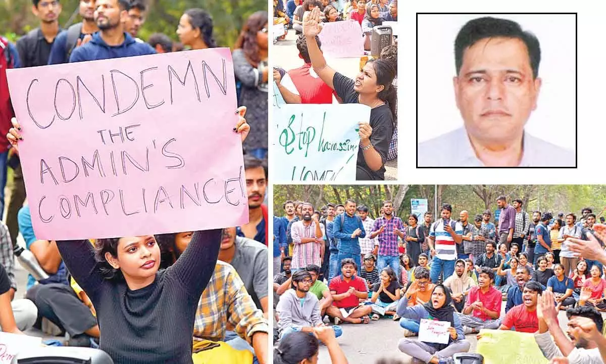 Students staging protest on the Hyderabad University protest on Saturday; Professor Ravi Ranjan, accused (Inset Pic)