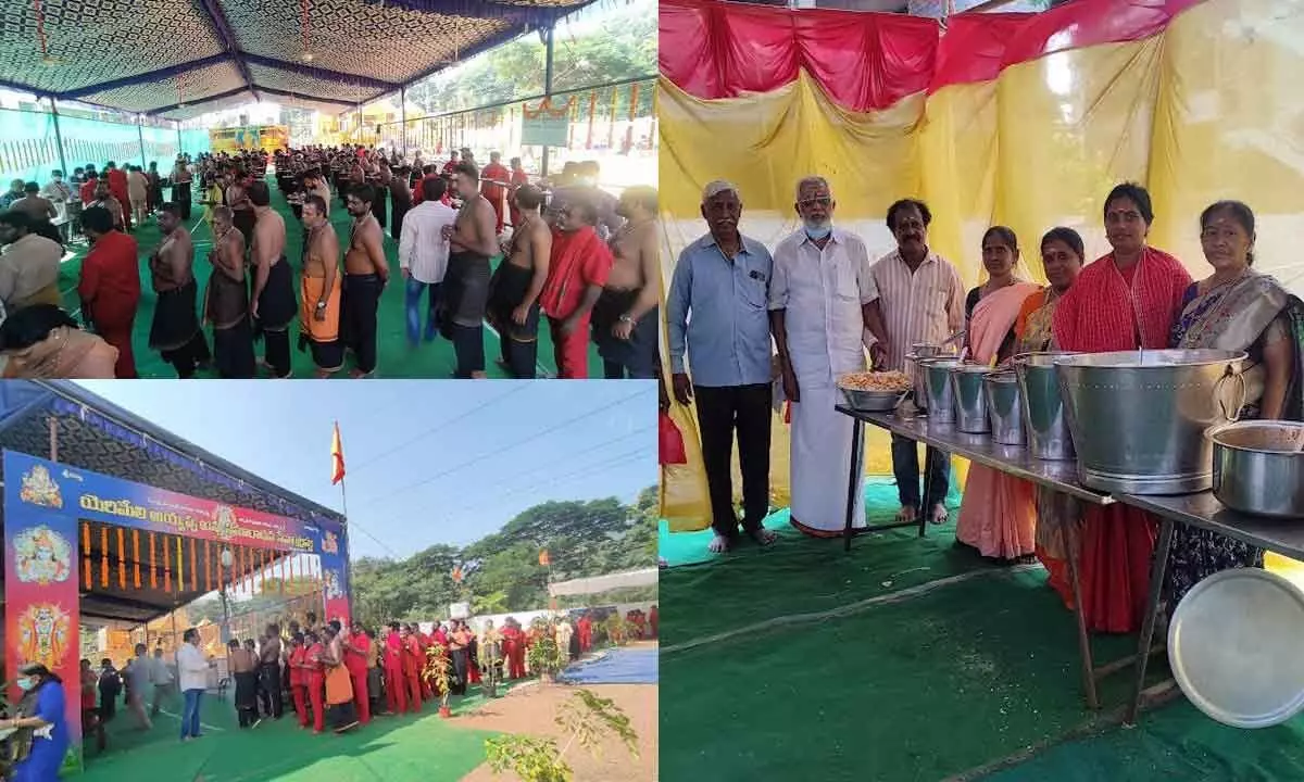 Devotees making a beeline for ‘annaprasadam’ offered by the trust(Left Top); Family members of the trust gearing up to serve annaprasadam to the devotees(Right)