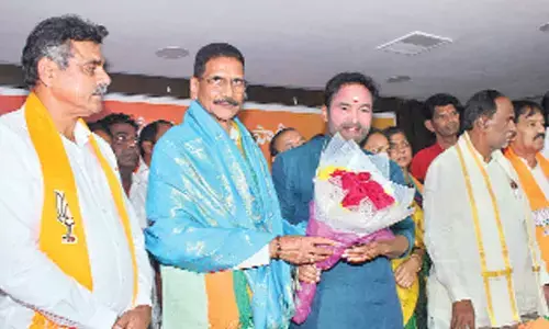 Marri Shashidhar Reddy first time visiting Dr Shyama Prasad Mukherji Bhavan in Hyderabad on Saturday after joining BJP in Delhi