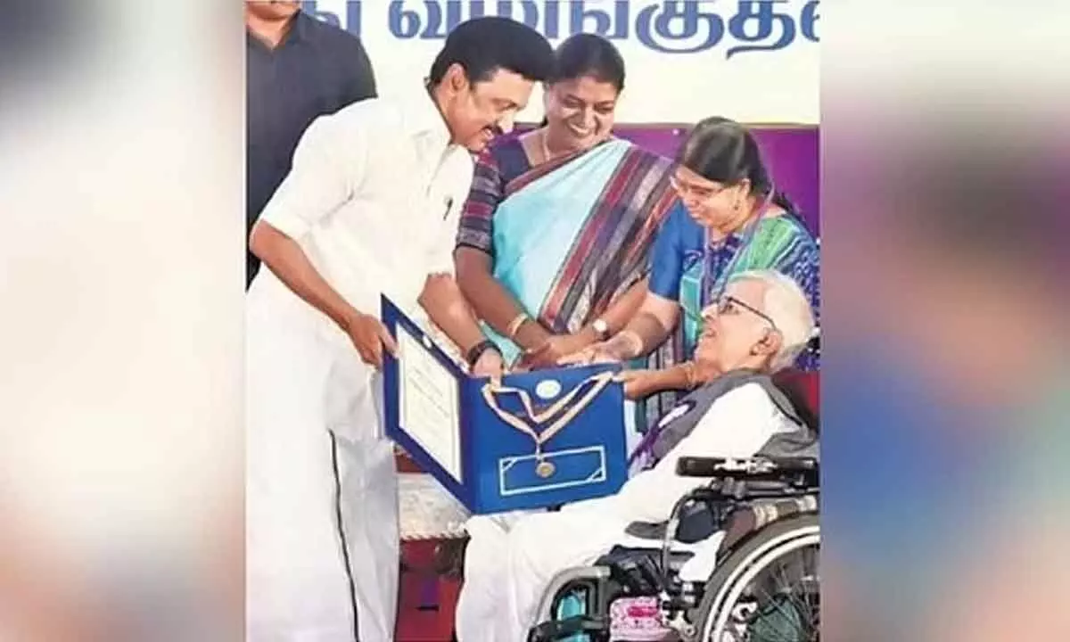 CM M K Stalin honours a disabled activist in Chennai on Saturday