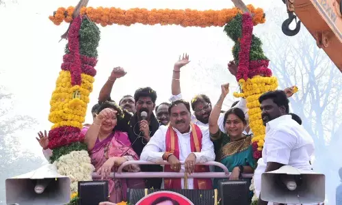 Minister for Panchayat Raj and Rural Development Errabelli Dayakar Rao, Minister for Tribal Welfare Satyavathi Rathod, MPs Vaddiraj Ravichandra and M Kavitha at the inauguration of Inugurthy mandal on Sunday