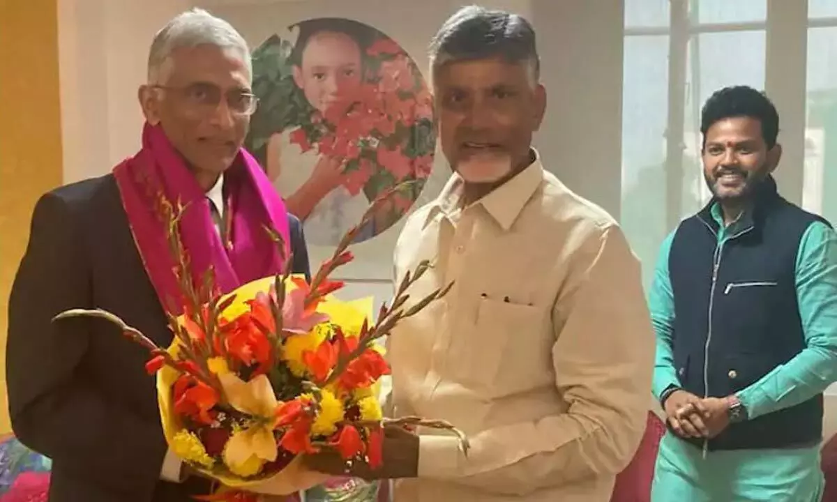 TDP national president N Chandrababu Naidu meets NITI Aayog CEO Parameshwer Iyer in New Delhi on Tuesday. TDP MP K Rammohan Naidu is also seen.