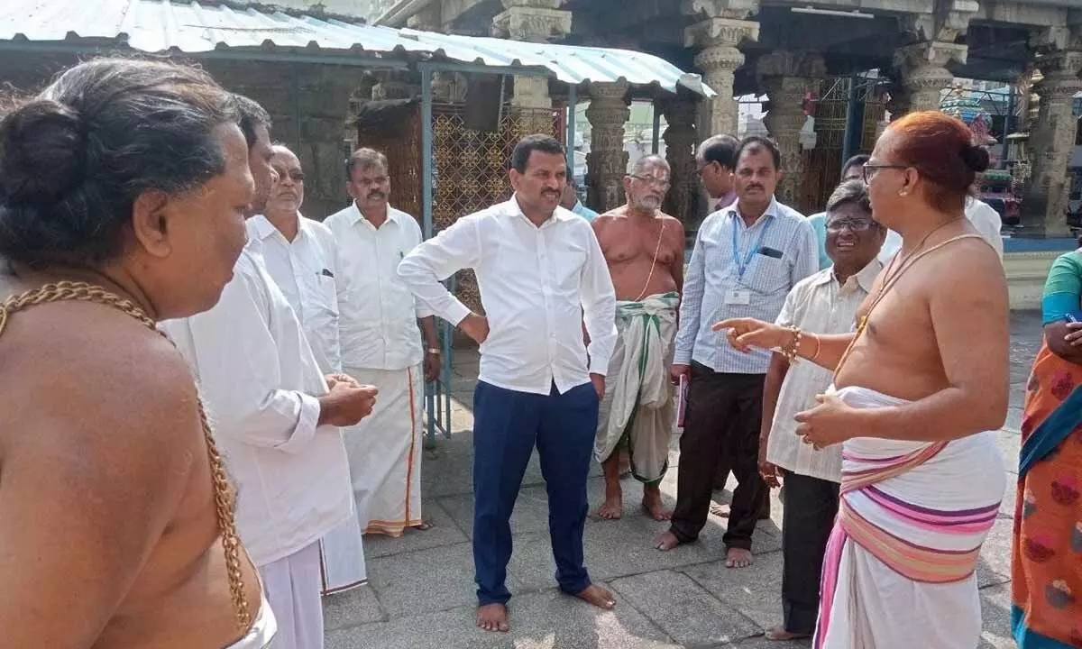 TTD JEO Veerabrahmam inspecting the developmental works at Kodanda Rama Swamy temple at Vontimitta in YSR district on Wednesday