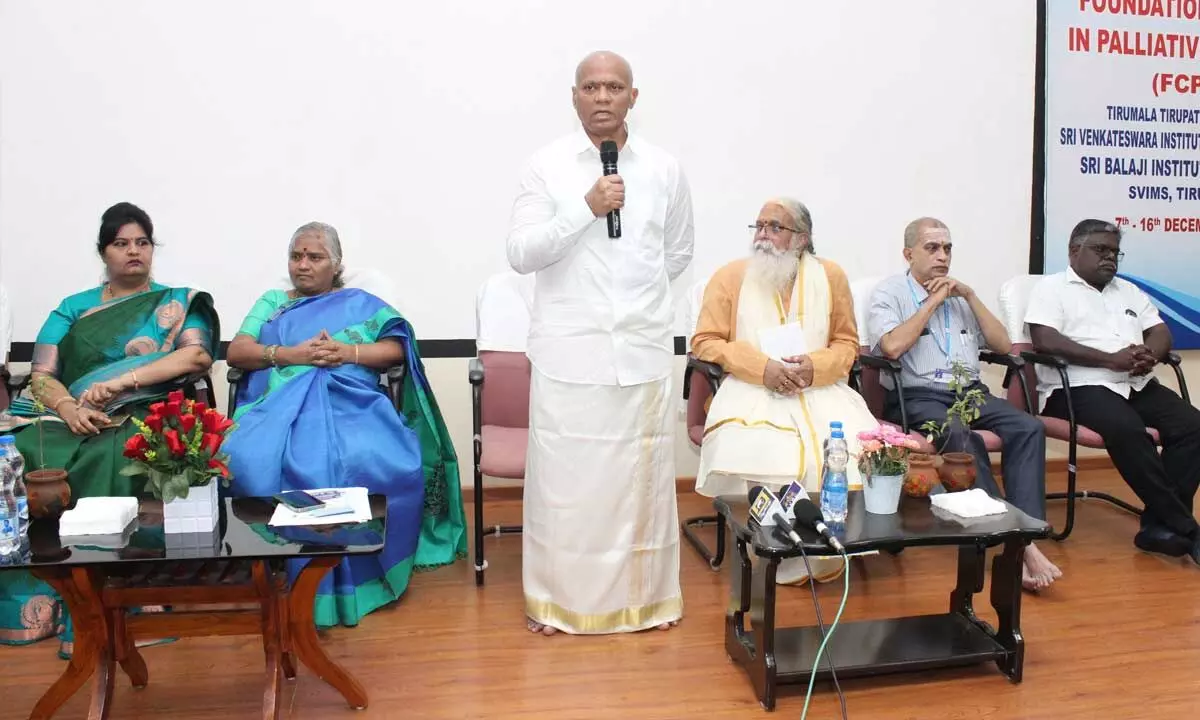 TTD EO AV Dharma Reddy speaking at the inaugural function of the foundation course in palliative medicine at SVIMS in Tirupati on Wednesday. SVIMS director  Dr B Vengamma, Dr Alladi Mohan, Prof Rani Sadasiva Murthy and JEO Sada Bhargavi are also seen.