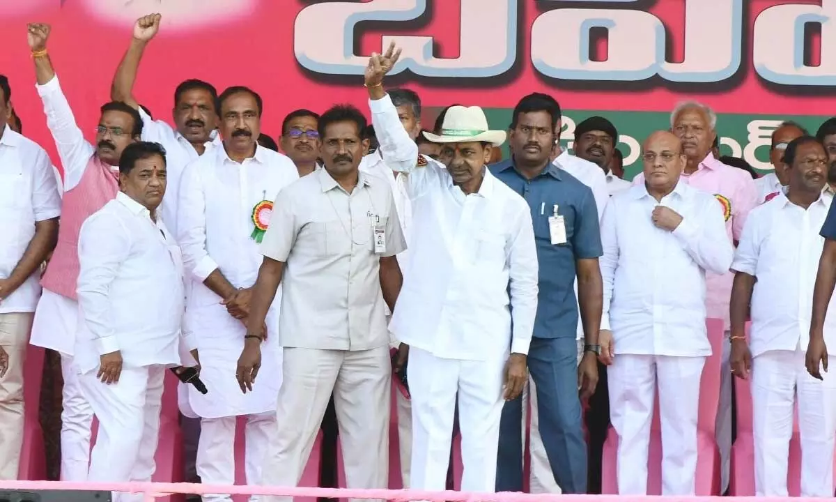 Chief Minister K Chandrashekar Rao at a public meeting in Jagtial on Wednesday