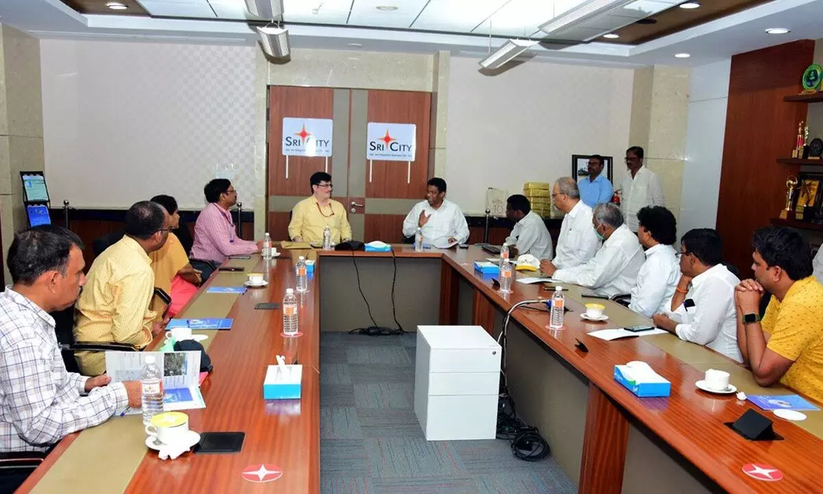 Sri City MD Ravindra Sannareddy and ESIC Regional Director A Venugopal at a review meeting on the status of ESI hospital construction on Wednesday