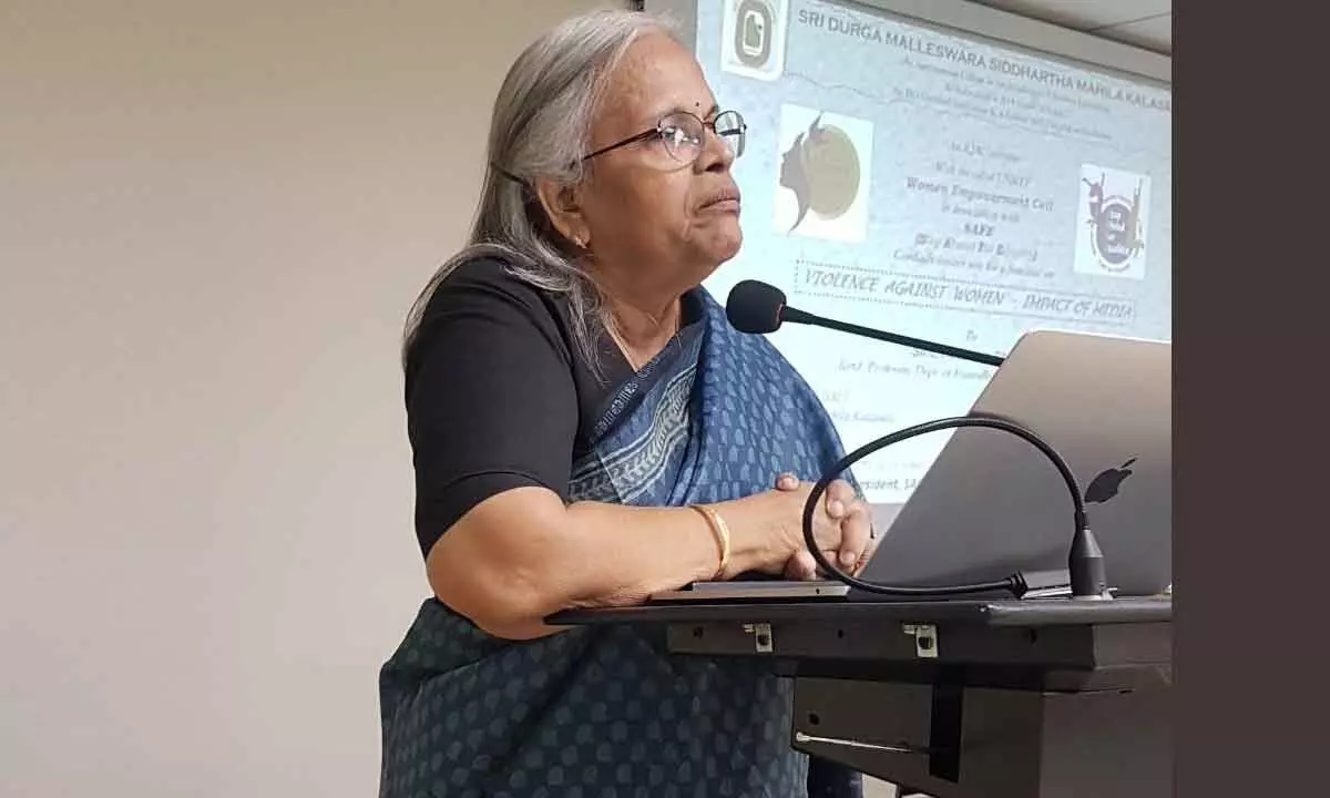 Retired professor of Journalism Padmaja Shaw addressing the workshop on violence against women at Siddhartha Mahila Kalasala in Vijayawada on Friday