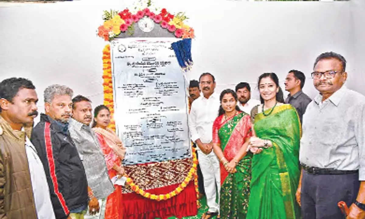 MLA Bhumana Karunakar Reddy, Mayor Dr Sirisha and Municipal Commissioner Anupama Anjali laying foundation stone for multi-level car parking facility in Tirupati on Friday