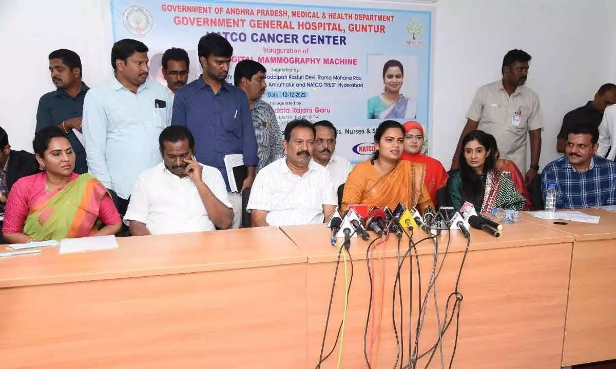 Health Minister Vidadala Rajini inaugurating 3D digital mammography machine at Natco Cancer Centre at GGH in Guntur on Monday. MLAs Mustafa, Maddaligi Giridhara Rao and Dr Undavalli Sridevi, Natco Trust Trustee KVS Swathi are also seen