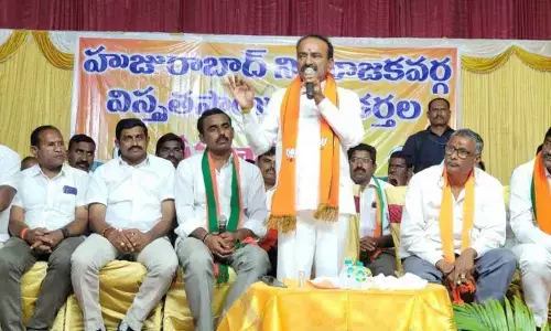MLA Eatala Rajender speaking at BJP meeting at Huzurabad on Monday.