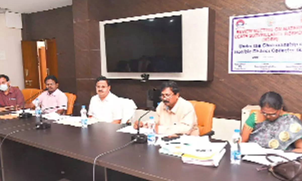 District Collector K Venkataramana Reddy (second from left) presiding over the maternal death surveillance response committee meeting in Tirupati on Tuesday. DM&HO and committee convenor Dr U Sreehari and other officials are also seen.