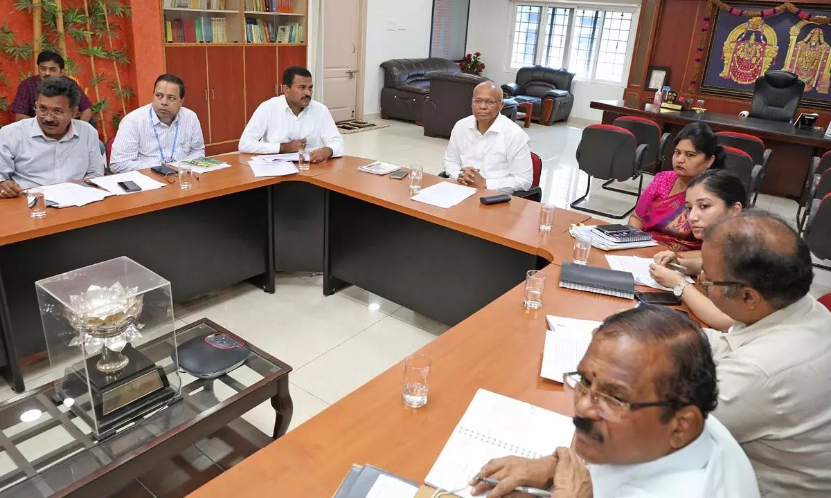 TTD Executive Officer A V Dharma Reddy holding a meeting on Srinivasa Sethu flyover with the municipal corporation officials in Tirupati on Tuesday