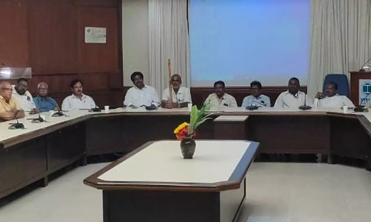 VSP trade union leaders holding a meeting with CMD of RINL Atul Bhatt in Visakhapatnam on Wednesday