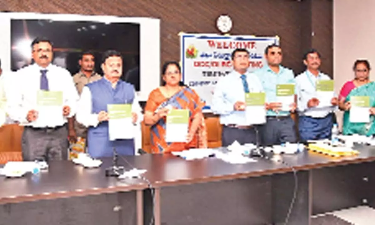 District Collector K Venkataramana Reddy, NABARD DM Sunil and others releasing the district credit plan 2023-24 in Tirupati on Wednesday.