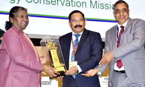 President Droupadi Murmu presenting the National Energy Conservation  Award-2022  to Special Chief Secretary (Energy) K Vijayanand and Chief Executive Officer of APSECM A Chandrasekhara Reddy in New Delhi on Wednesday