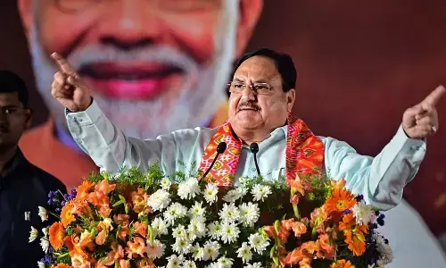 BJP national president Jagat Prakash Nadda addresses a public meeting as a part of the fifth phase of the Praja Sangrama Yatra undertaken by the BJP State president Bandi Sanjay Kumar, in Karimnagar on Thursday