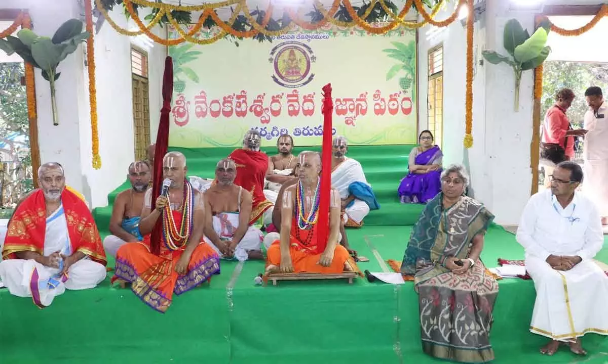 Students and faculty taking part in the 128th convocation of TTD Veda Vignana Peetham at Dharmagiri at Tirumala on Friday