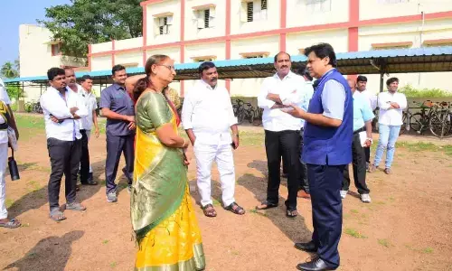 Minister Merugu Nagarjuna, MLC Talasila Raghuram and Principal Secretary Praveen Prakash reviewing arrangements for the CMs visit at AVR ZPHS at Yadlapalli on Friday