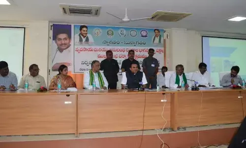 Prof D H R Sarma of Purdue University, USA with SVU Registrar Prof OMd Hussain, Prof RVS Satyanarayana, Prof S Vijayabhaskara Rao and others during the lecture series held at the Sri Venkateswara University in Tirupati on Friday.