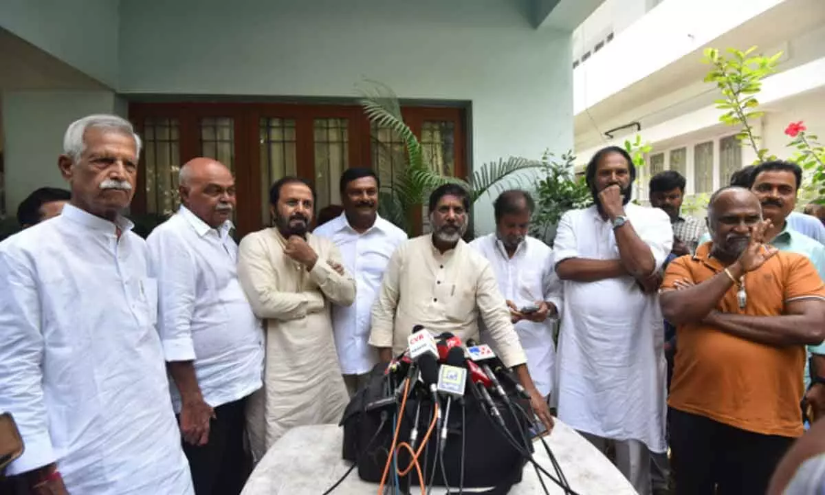 Congress Legislature Party (CLP) leader Mallu Bhatti Vikramarka along with senior Congress leaders after a meeting in Hyderabad on Saturday