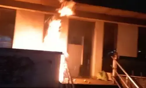 Flames engulfing Anna Canteen in Tenali town on Saturday midnight