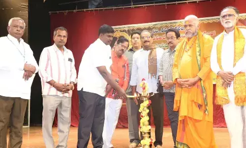 Rayalaseema Rangasthali chairman Gundala Gopinath inaugurating three-day Srikrishnadevaraya Kalotsavam at Mahati auditorium in Tirupati on Sunday.
