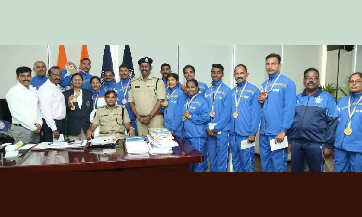 National medal winners with the DGP K V Rajendranath Reddy at the state police office in Mangalagiri on Monday