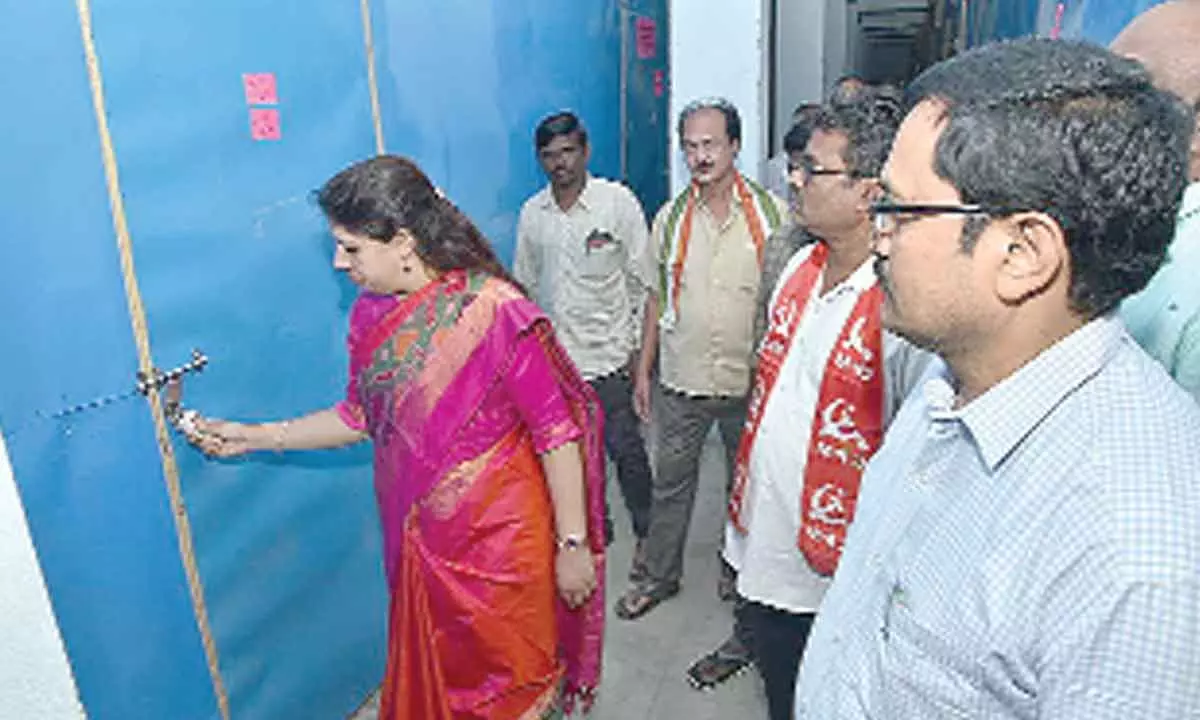 District Collector Krithika Shukla inspecting EVM and VVPAT godown in Kakinada on Monday