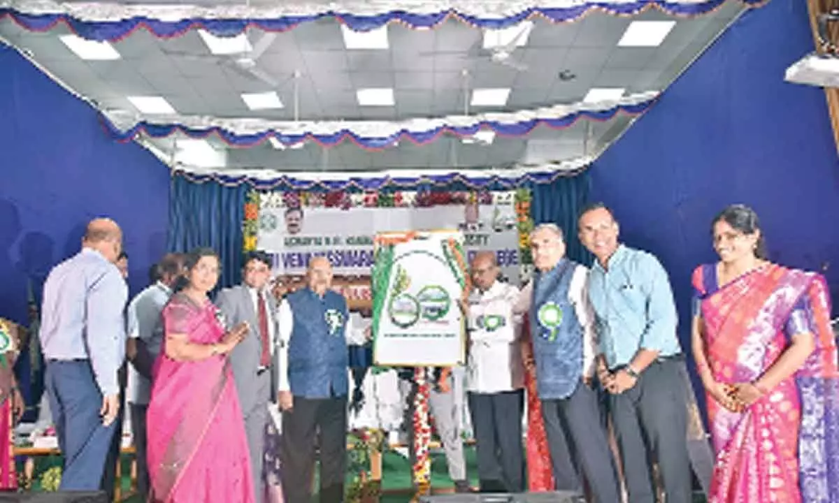 Acharya NG Ranga Agricultural University V-C Dr A Vishnuvardhan Reddy, Dr Rajendra Singh Paroda and other dignitaries releasing the Diamond Jubilee logo of SV Agricultural College in Tirupati on Monday