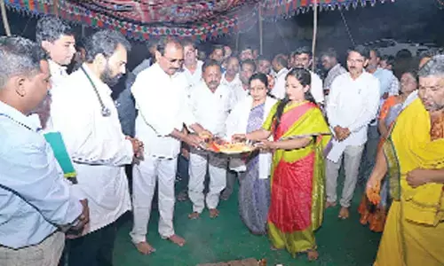 MLA Bhumana Karunakar Reddy and Mayor Dr R Sirisha performing Bhumi Puja for the ‘Acute care’ block at Ruia Hospital in Tirupati on Monday