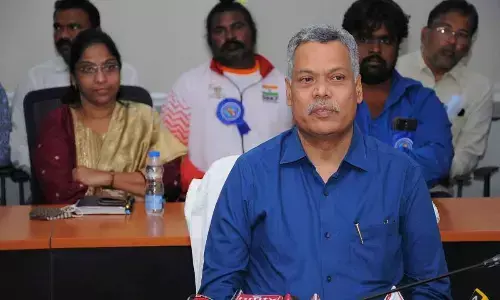 APSRTC managing director Ch Dwaraka Tirumala Rao addressing the media at RTC Bhavan in Vijayawada on Monday