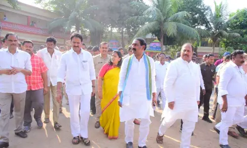 Deputy Chief Minister Kottu Satyanarayana, Minister Merugu Nagarjuna,  Rajya Sabha members Mopidevi Venkata Ramana Rao and Beeda Mastan Rao, District Collector Vijaya Krishnan and SP Vakul Jindal inspecting arrangements for the CMs visit at VAR Zilla Parishad High School in Tsundur mandal  on Monday