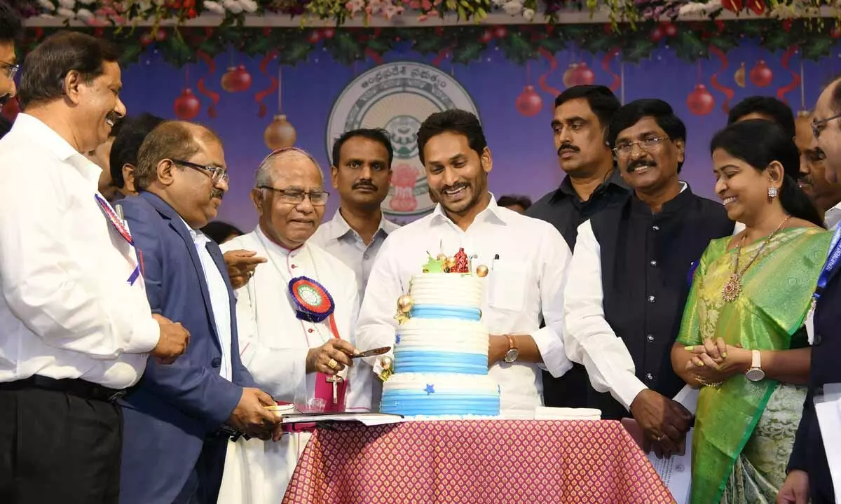 Chief Minister Y S Jagan Mohan Reddy takes part in pre-Christmas celebrations in Vijayawada on Tuesday