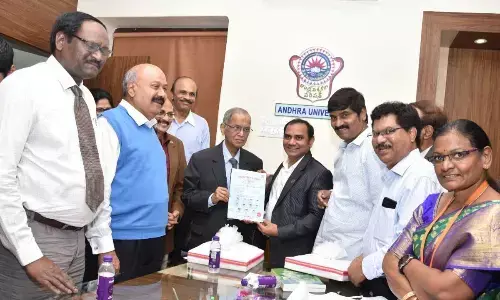 CEO of Pulsus Group Srinubabu Gedela with Infosys founder NR Narayana Murthy during a pre-meeting held at Andhra University in Visakhapatnam