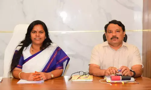 Bapatla District Collector Vijay Krishnan addressing the media in Bapatla on Tuesday.  Joint Collector  Dr Srinivasulu is also seen.