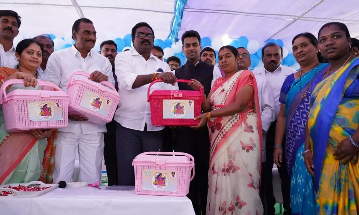 Transport Minister Puvvada Ajay Kumar distributing KCR Nutrition Kits among pregnant women at Kothagudem on Wednesday.