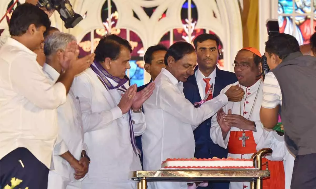 Chief Minister K Chandrashekar Rao and Hyderabad Archbishop Cardinal Poola Anthony at the Christmas celebrations held at LB stadium in Hyderabad on Wednesday