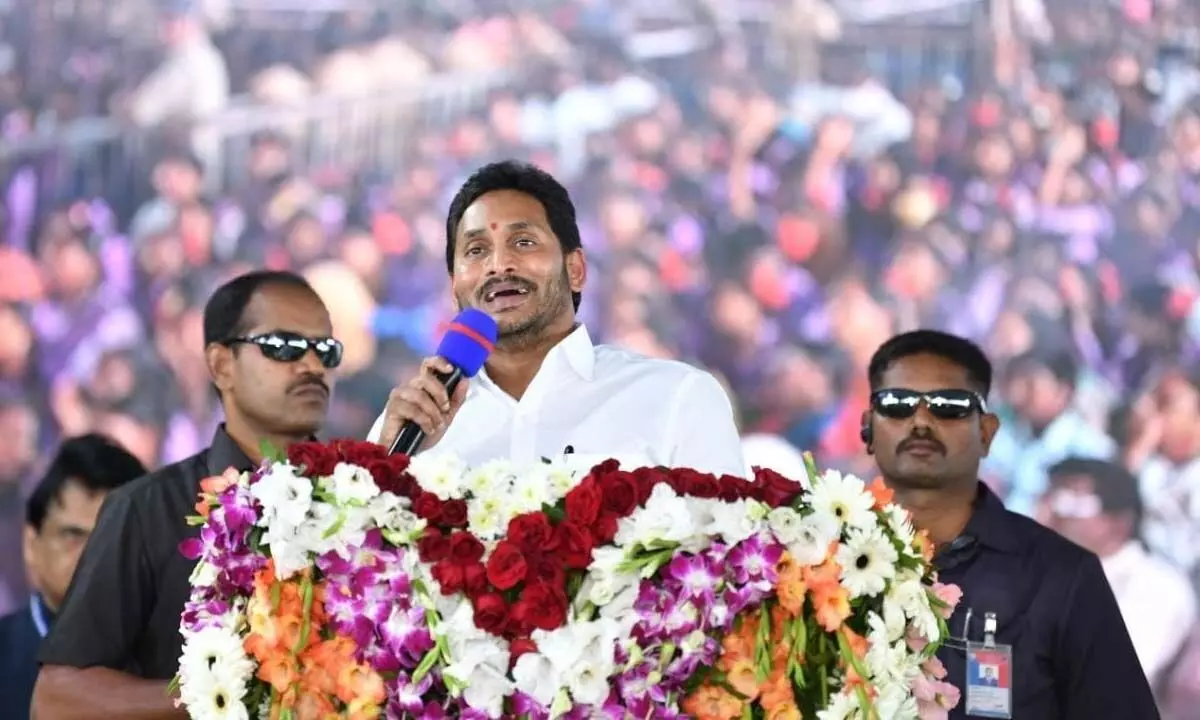 The Chief Minister Y S Jagan Mohan Reddy addressing a public meeting at Yadlapalli village on Wednesday