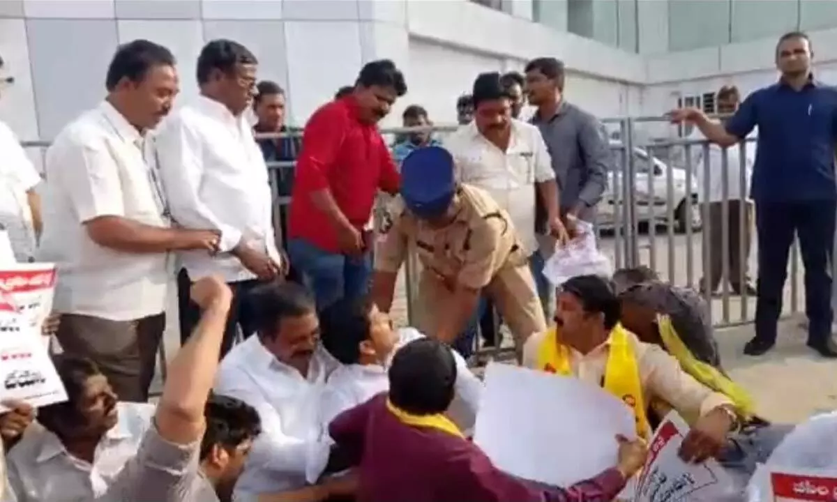 TDP BC leaders staging protest at AP Mahila Commissions office in Mangalagiri on Wednesday