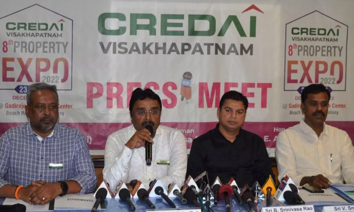 CREDAI chairman B Srinivasa Rao speaking to the media in Visakhapatnam on Wednesday