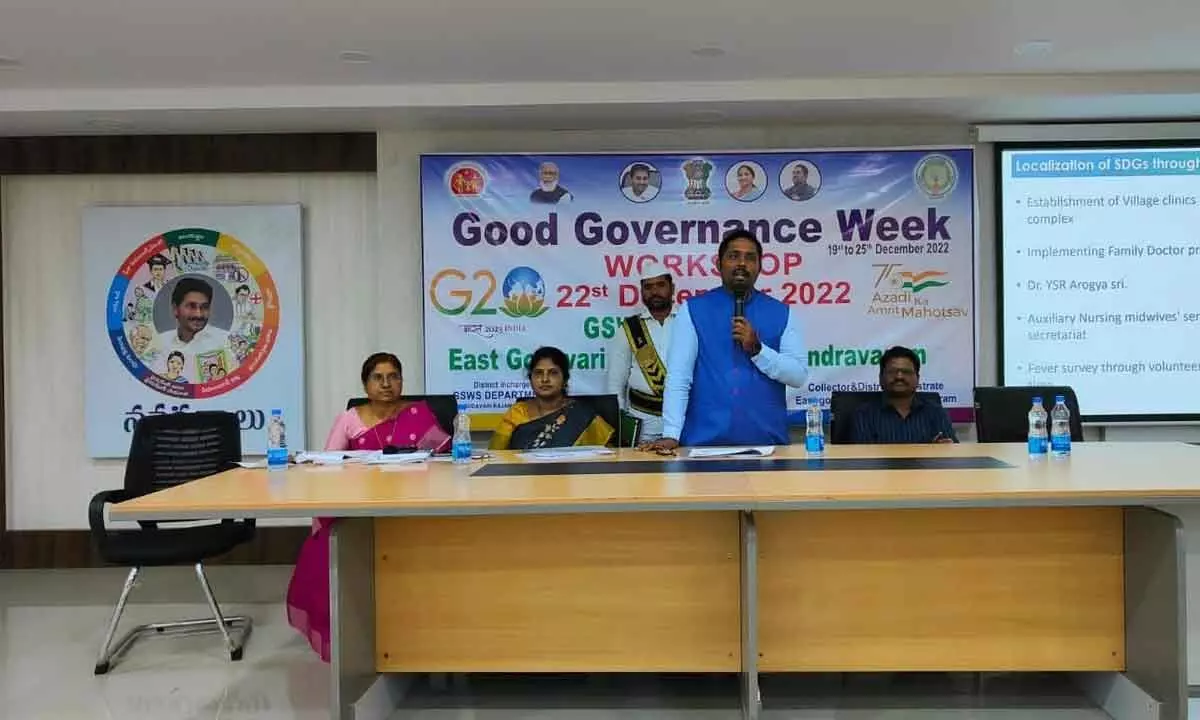 District joint collector Tej Bharat speaking at good governance week event in Rajamahendravaram on Thursday