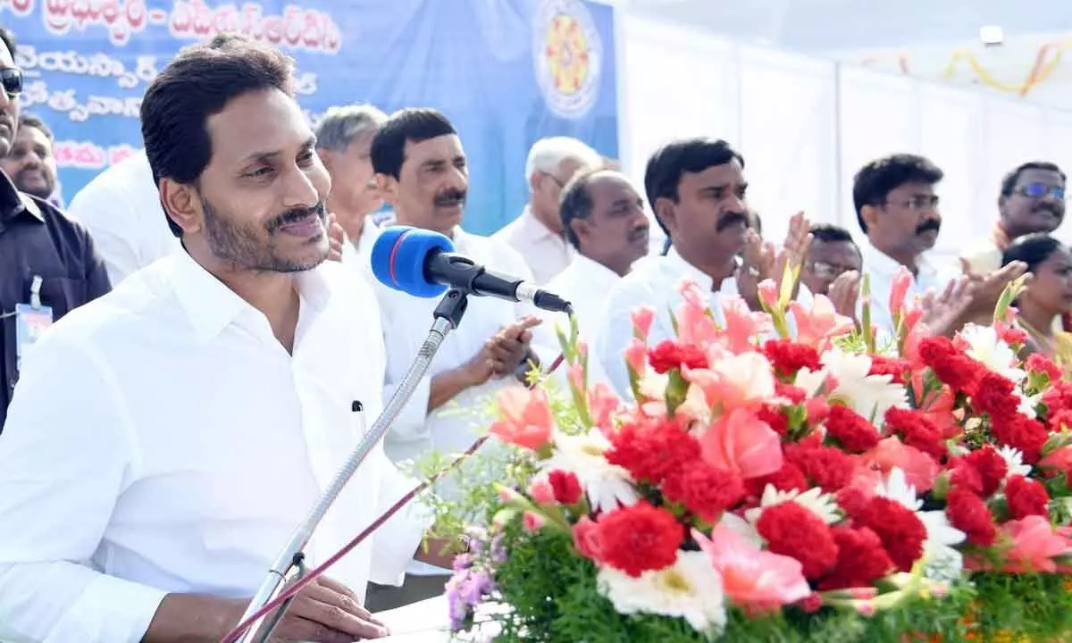 Chief Minister Y S Jagan Mohan Reddy addressing a gathering after inaugurating several developmental works in Pulivendula on Saturday